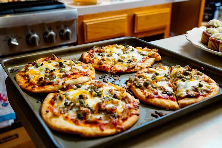 Pizzas assadas na assadeira, na cozinha de casa