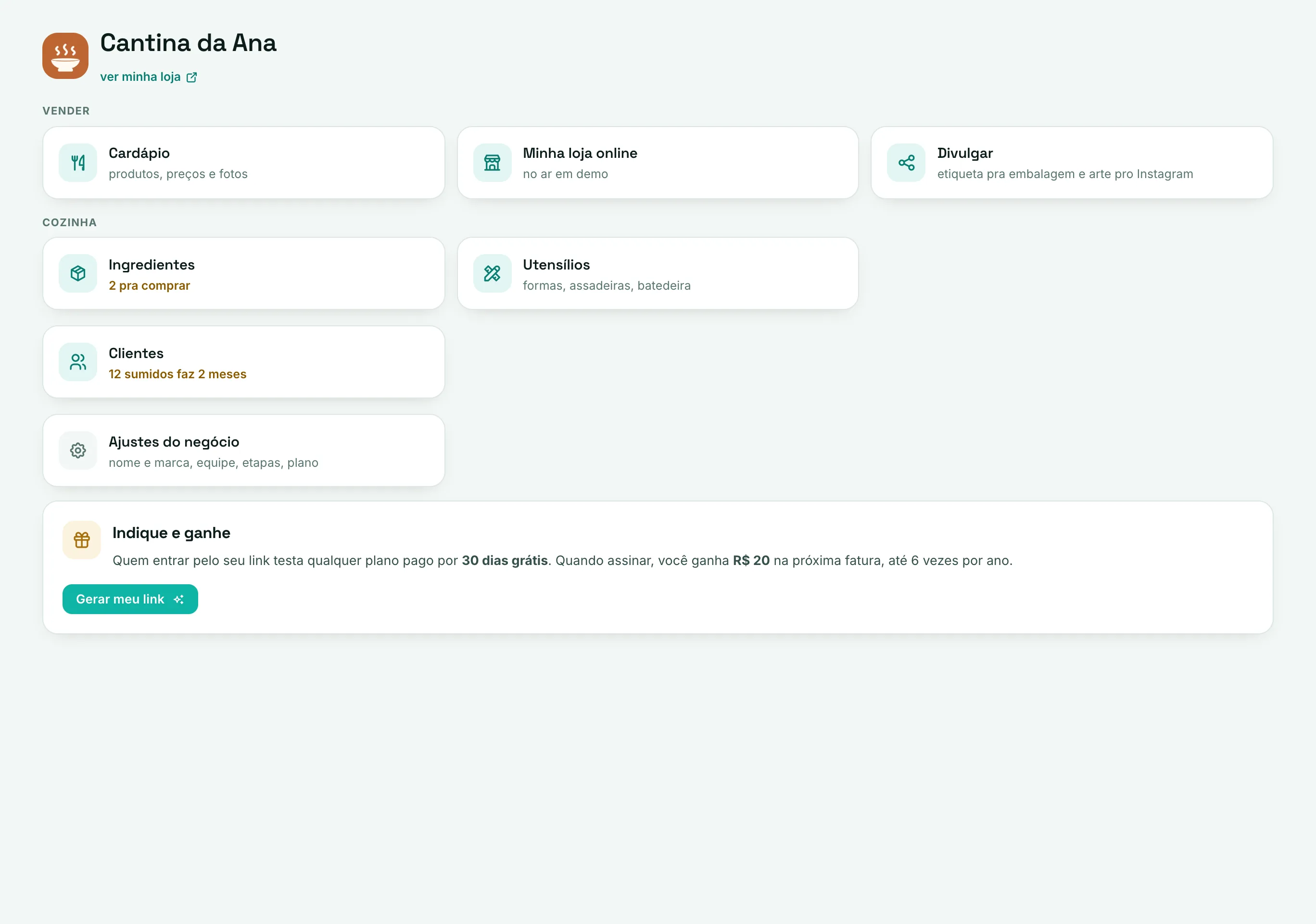Hub Meu negócio no computador: cartões de Cardápio, Minha loja online, Dias de venda, Ingredientes com lista de compra, Utensílios, Etiqueta pra embalagem, Clientes, Equipe, Nome e marca e O que o app mostra