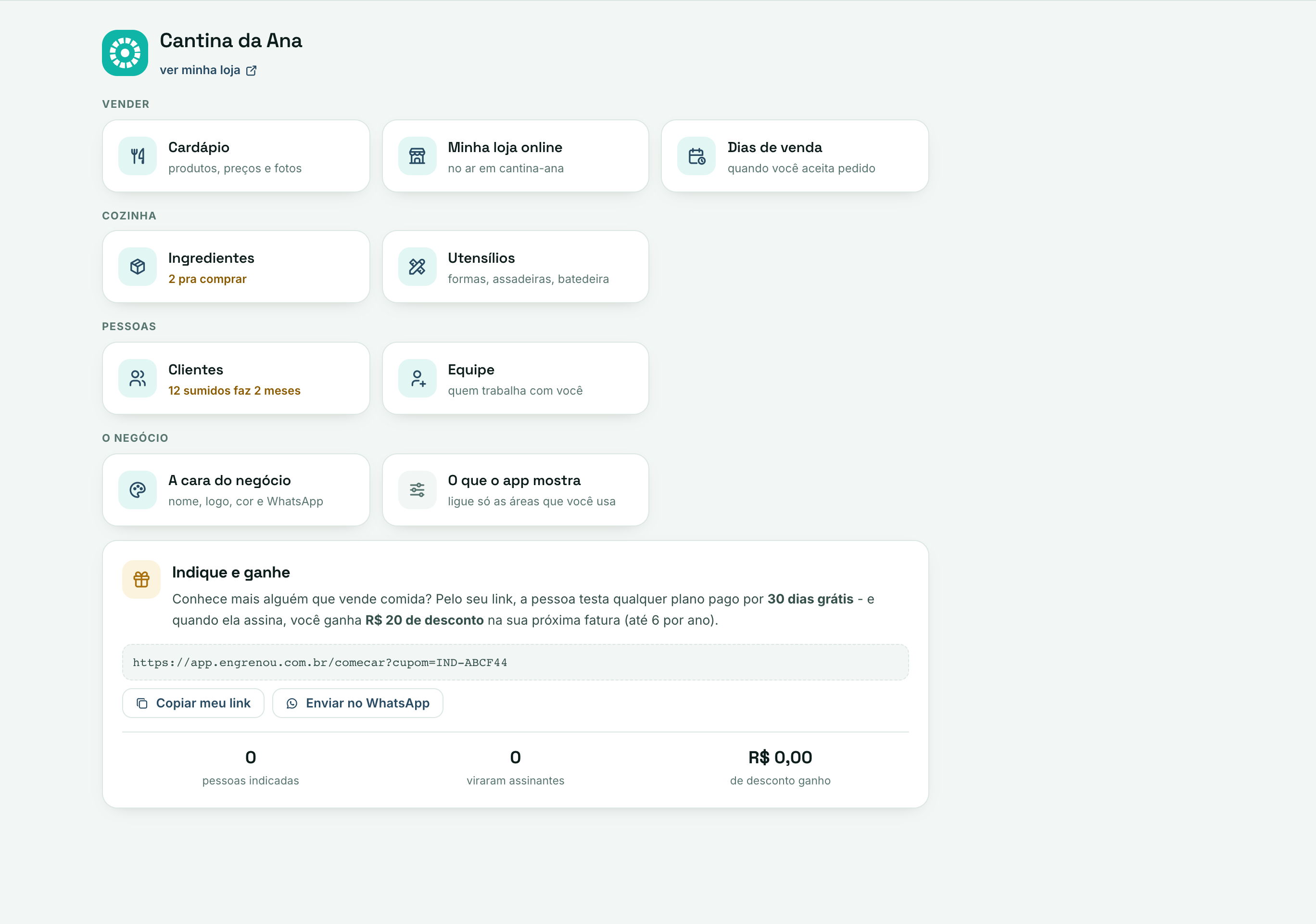Hub Meu negócio no computador: cartões de Cardápio, Clientes, Ingredientes com lista de compra, Minha loja online no ar, Utensílios, Catálogo Engrenou, Equipe e permissões, Configurações e Minha conta