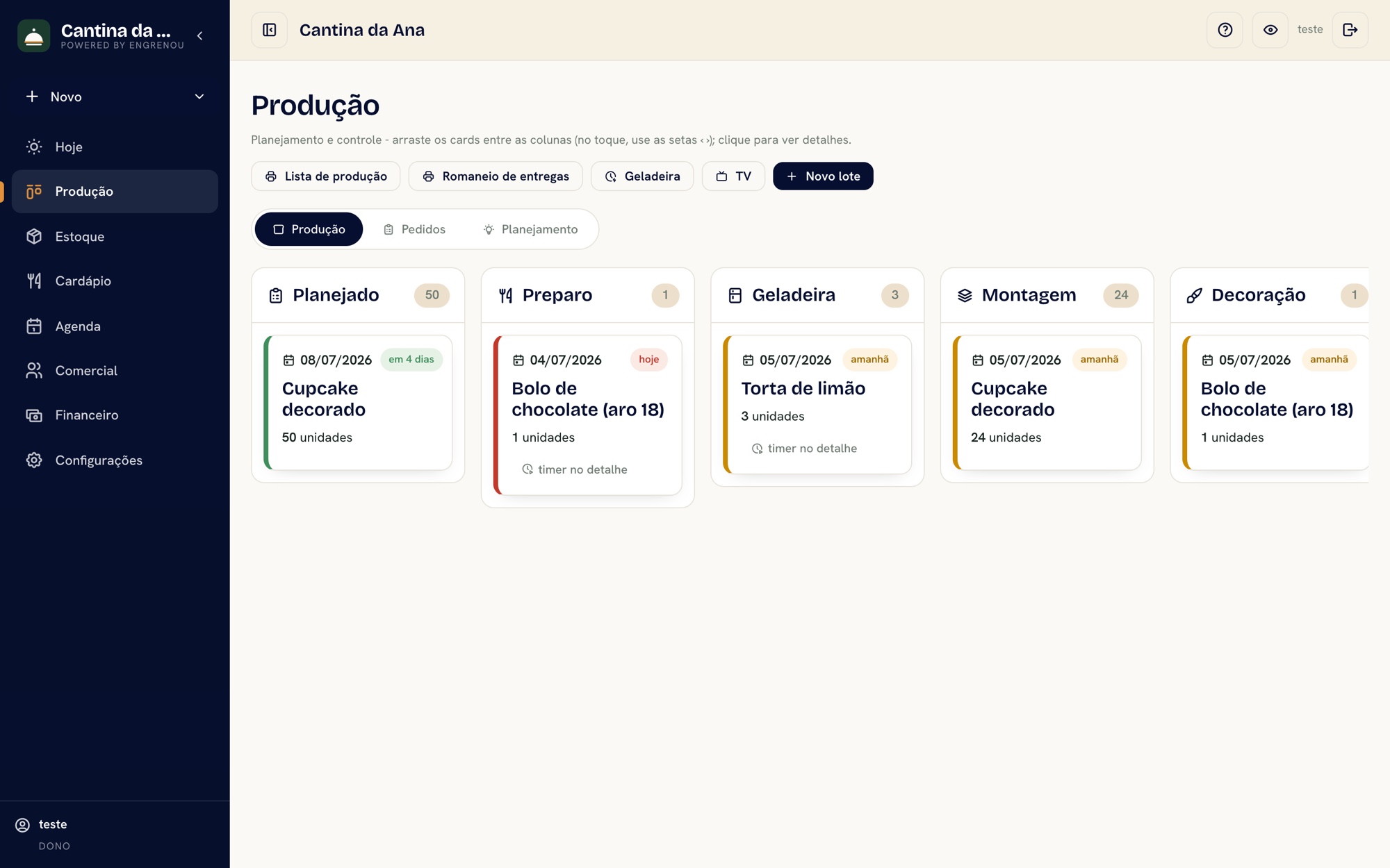 Tela real do Engrenou: quadro de produção com lotes andando por etapas
