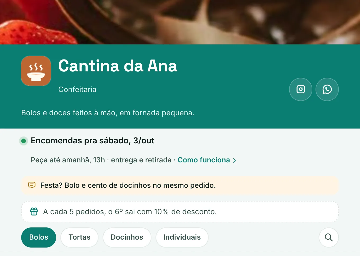 O topo da loja da Cantina da Ana: Encomendas pra sábado, 3/out, até quando dá pra pedir, entrega e retirada, o aviso de festa e o cartão fidelidade