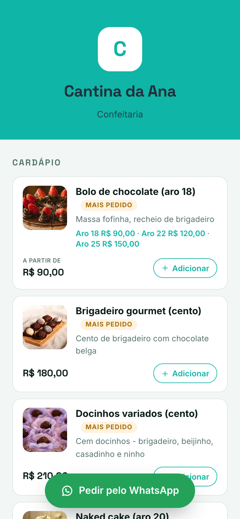 Print da loja online Doces da Ana no celular: cabeçalho rosa com o nome da confeitaria e cardápio com descrições e preços dos doces