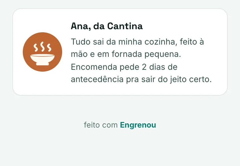 O rodapé da loja no Essencial: o cartão da dona e, embaixo, só a linha feito com Engrenou