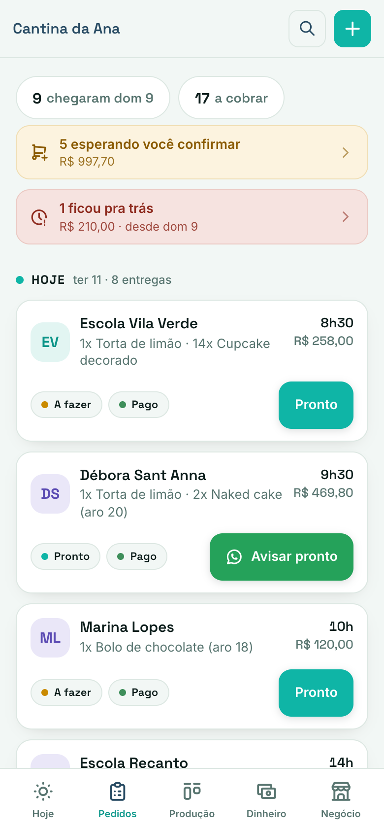 Tela Pedidos no celular: a semana com 11 entregas e R$ 2.700 a caminho, filtros Todos, A fazer, Prontos e A cobrar, o pedido que ficou pra trás em cima com um botão de falar no WhatsApp e as entregas de hoje logo abaixo